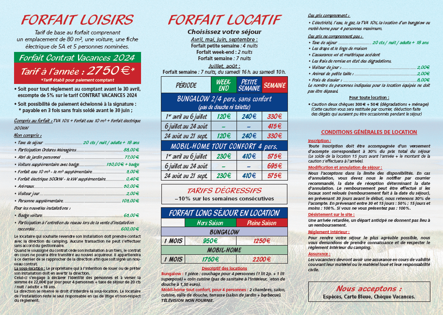 tarifs des locations du camping du halloy