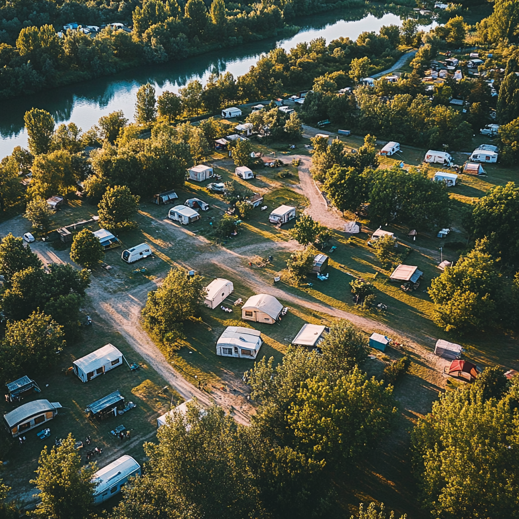 camping avec caravanne et rivière