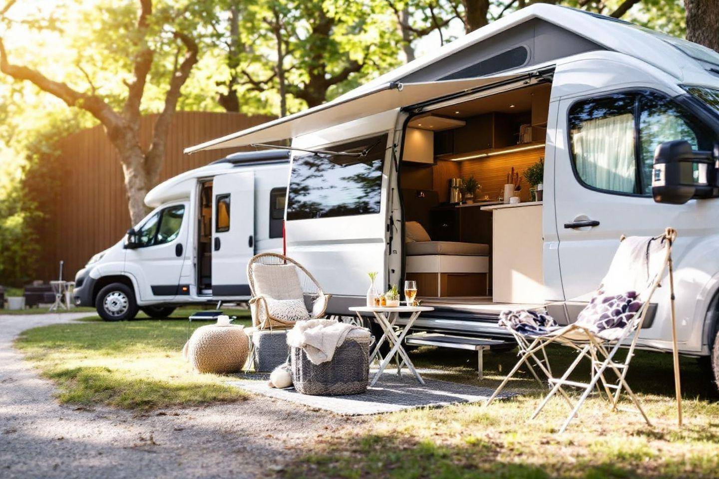Camping-car blanc stationné avec terrasse extérieure aménagée