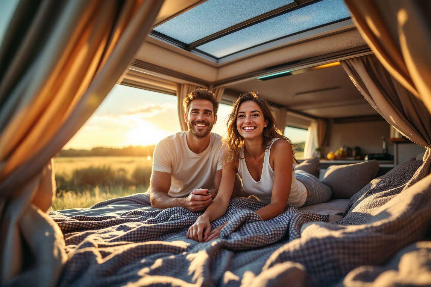 Deux personnes souriantes dans un van aménagé au coucher du soleil