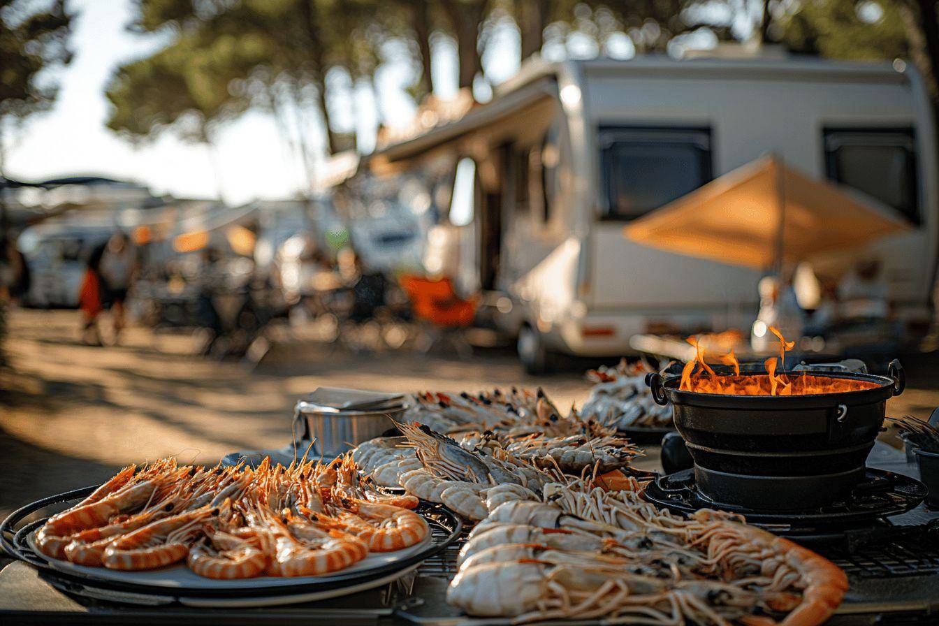 Fruits de mer cuisinant sur un grill avec des caravanes en arrière-plan