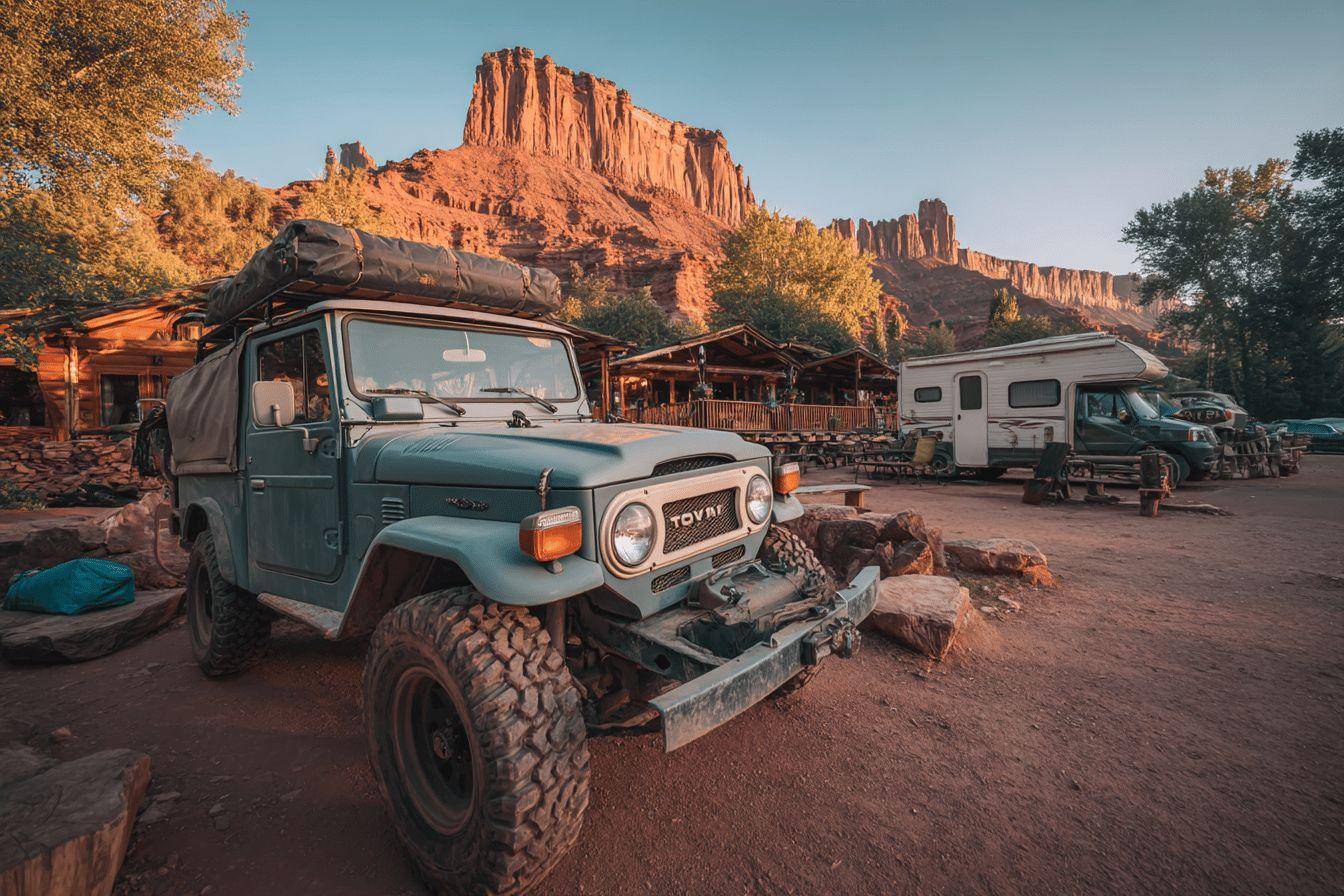 Vieux 4x4 toyota dans un camping en italie proche dolomite