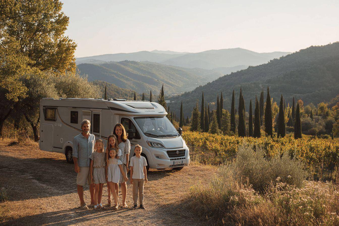 Groupe familial devant un camping-car en italie vignoble
