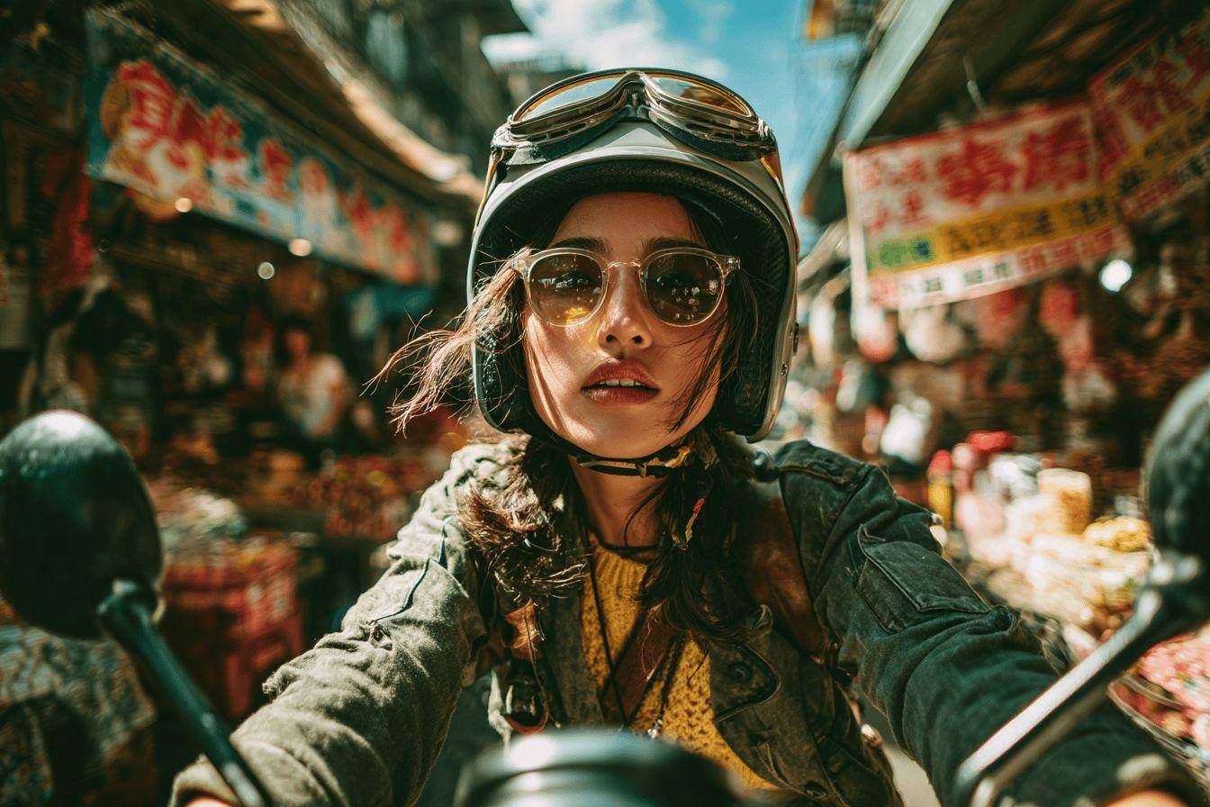 Femme à moto, casque et lunettes de soleil, ambiance urbaine