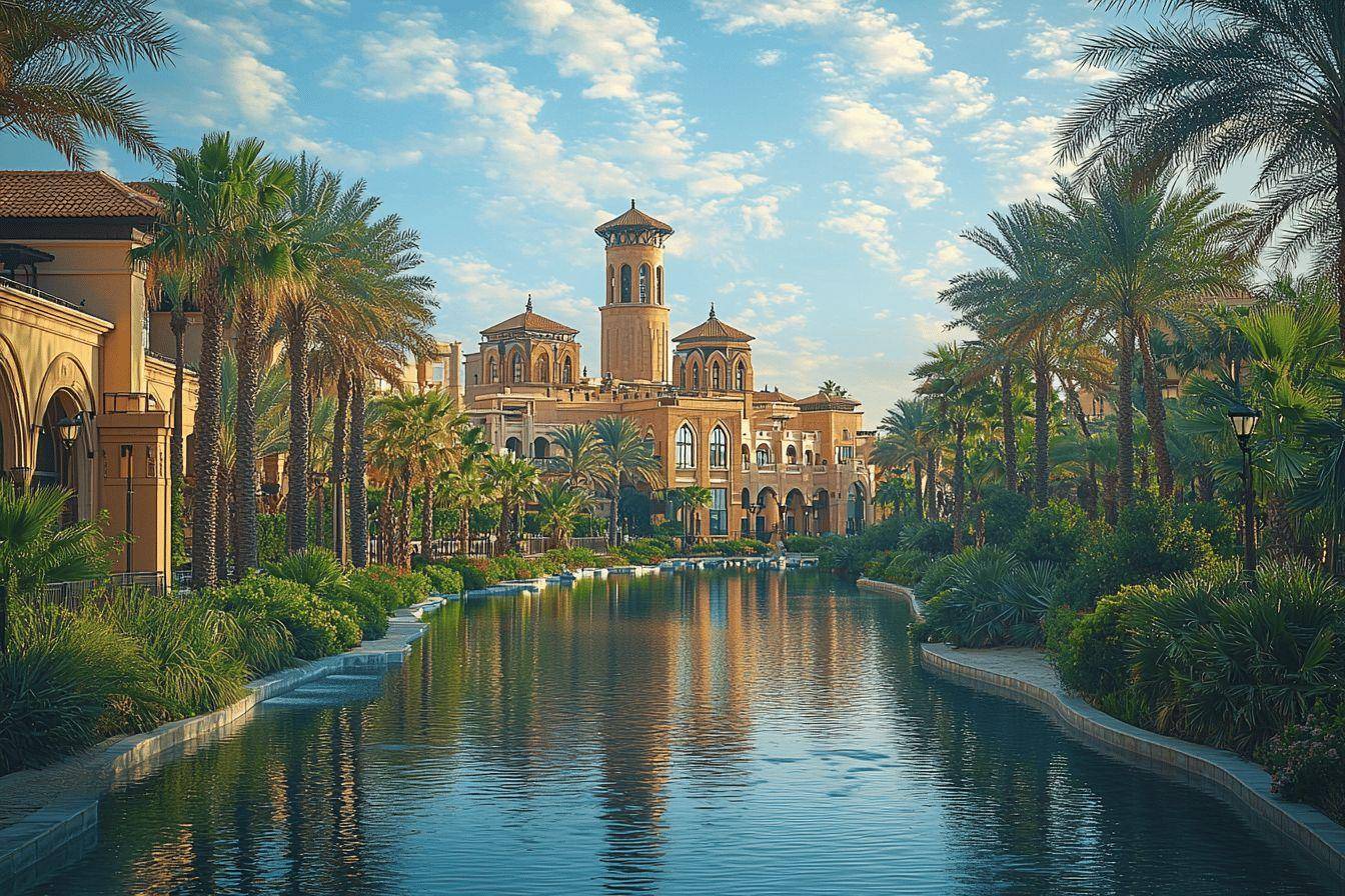 Architecture islamique avec palmiers et canal reflétant le ciel