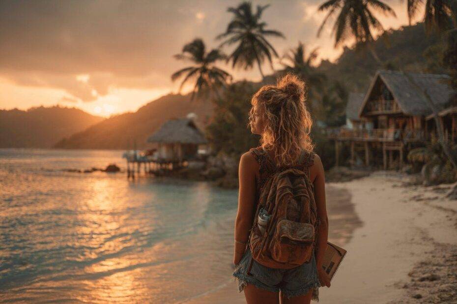Femme de dos sur une plage tropicale au crépuscule