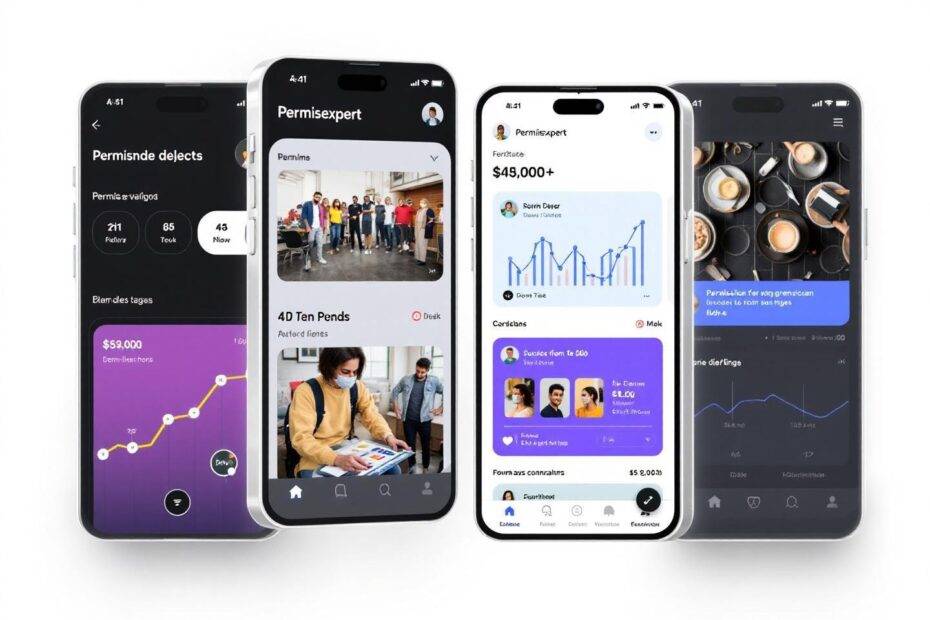 Plusieurs écrans d'application mobile montrant des graphiques et statistiques