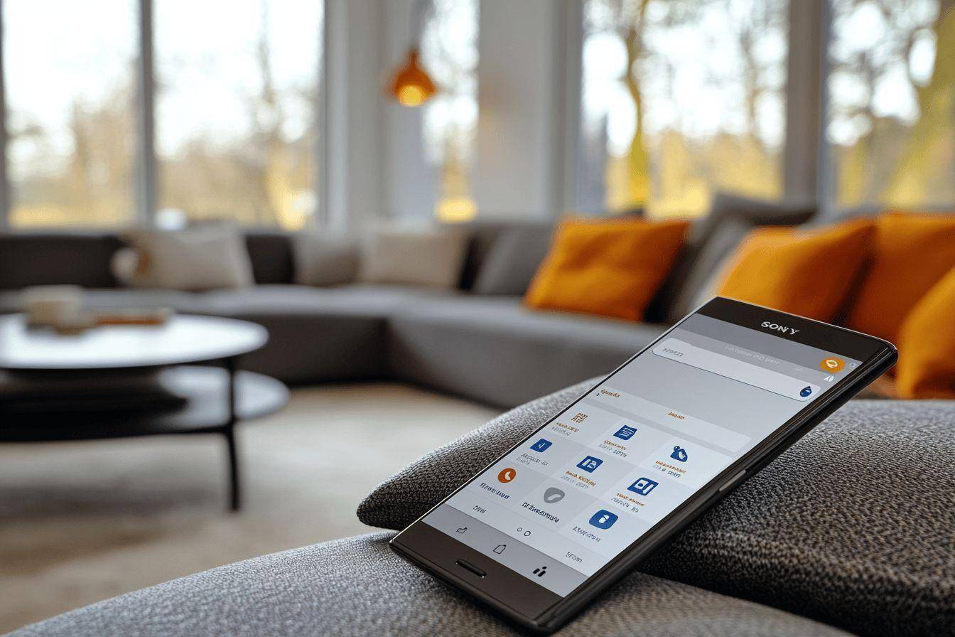 Tablette Sony posée sur un canapé gris avec coussins oranges