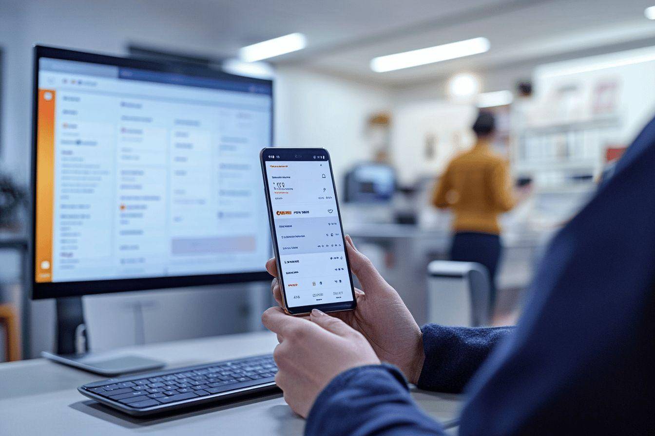 Personne consultant un smartphone près d'un écran d'ordinateur au bureau