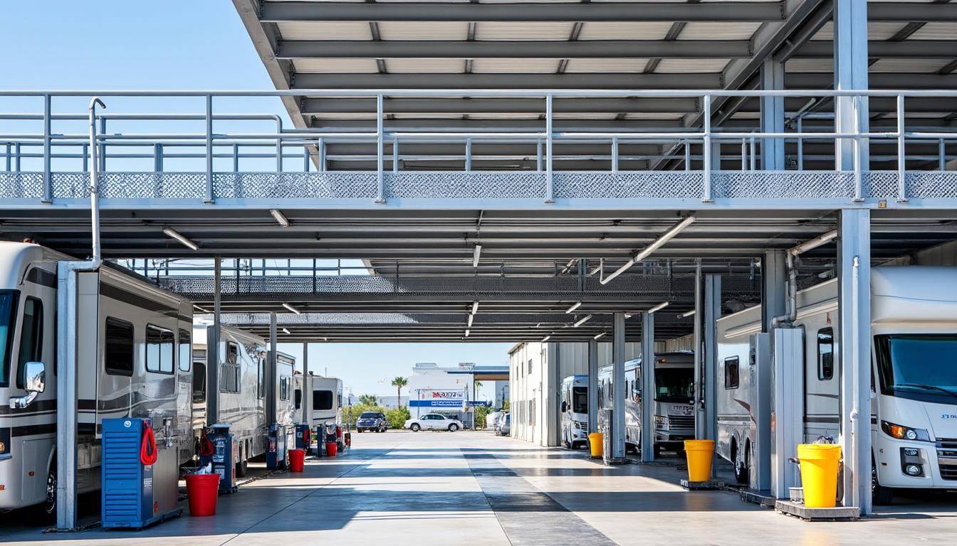 découvrez notre station de lavage équipée d'une passerelle, spécialement conçue pour le nettoyage facile et complet de votre camping-car. accès pratique, résultats professionnels et simplicité d'utilisation.