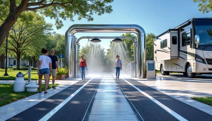Station de lavage avec passerelle pour camping-car