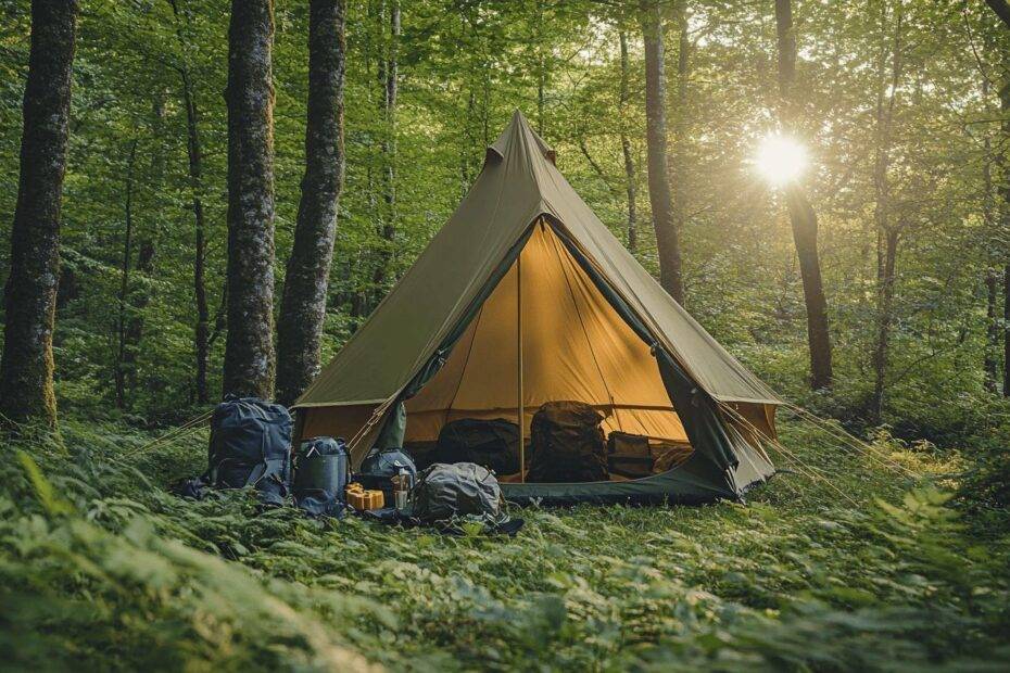 Tente éclairée dans une forêt verdoyante au soleil couchant