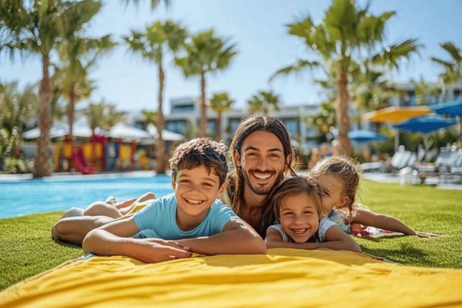 Parents et enfants souriant près d'une piscine ensoleillée