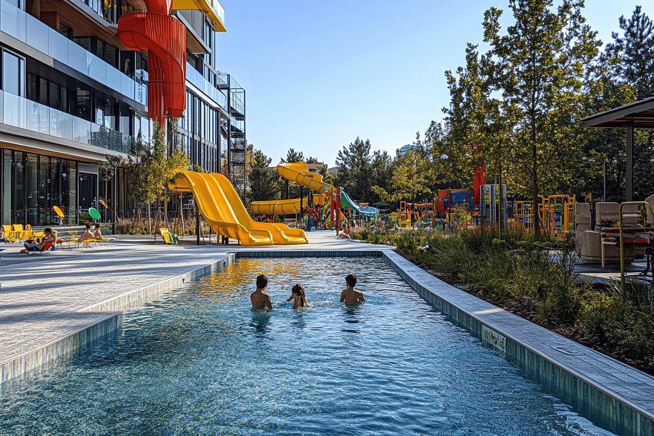 Piscine moderne avec couloirs et toboggans color&eacute;s pr&egrave;s d'un immeuble