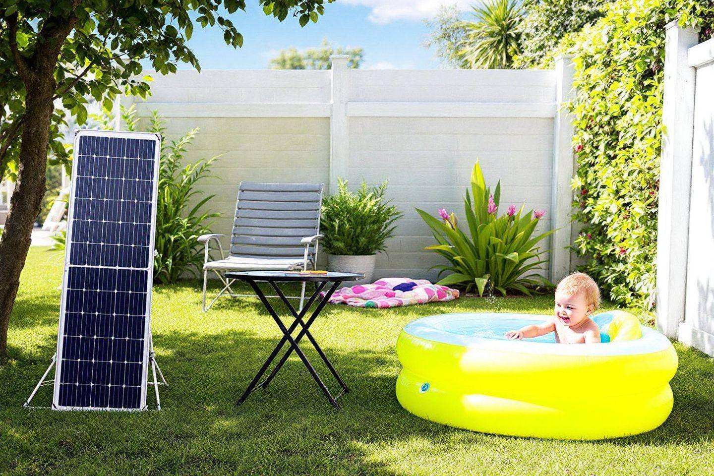 Petit enfant dans pataugeoire jaune avec panneau solaire