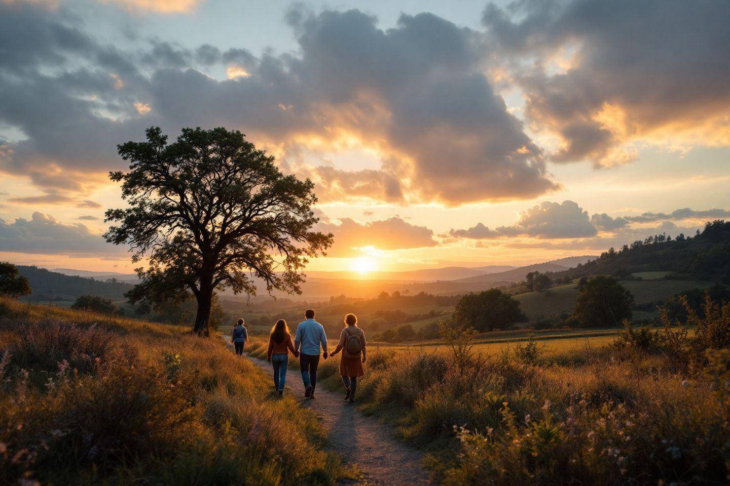 Quatre personnes marchent sur un sentier lors d'un coucher de soleil doré