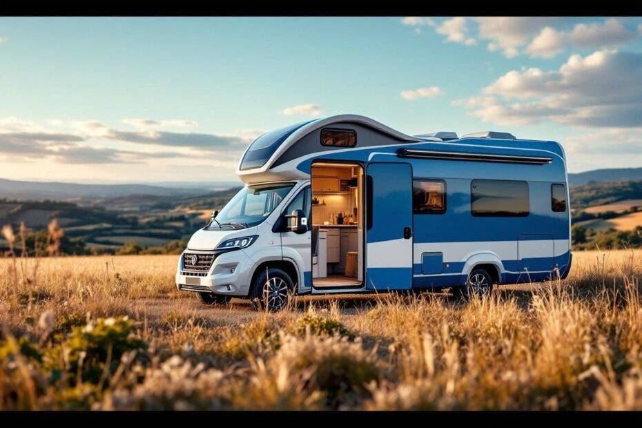 Camping-car moderne stationné dans un champ herbeux au coucher du soleil