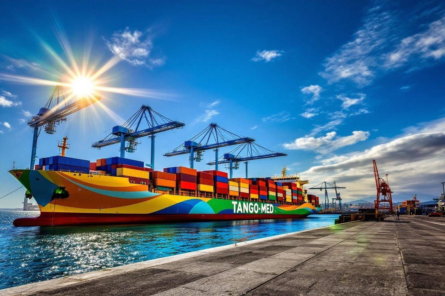 Porte-conteneurs coloré amarré sous un soleil éclatant