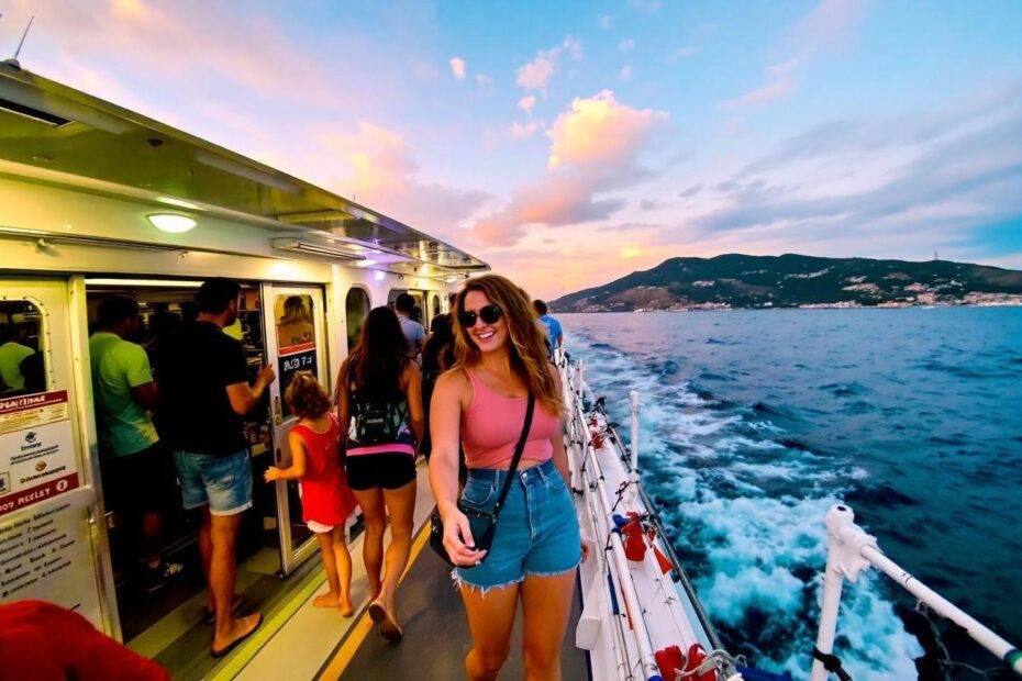 Femme souriante sur un bateau face à des montagnes