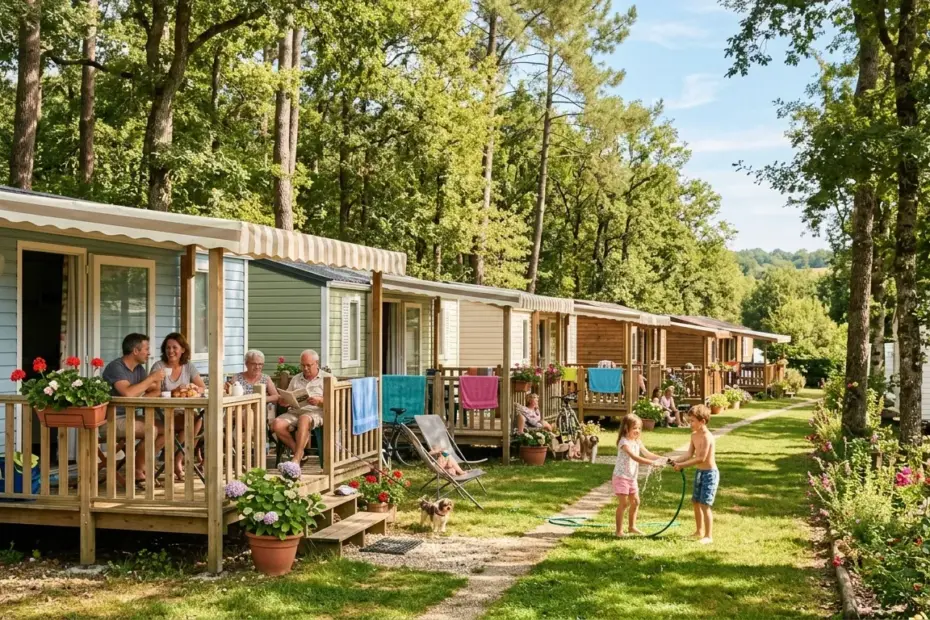 Mobil-homes colorés avec familles profitant d'un séjour camping