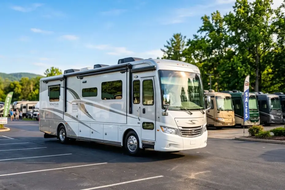 Camping-car blanc Venetian exposé chez concessionnaire RV